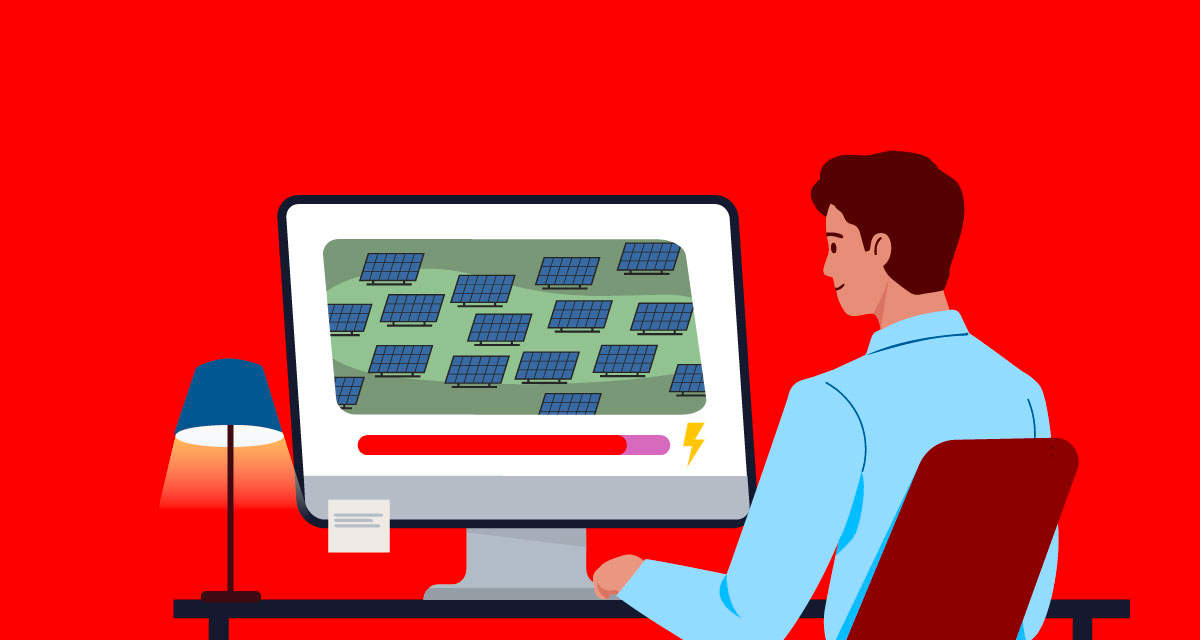 Illustrazione di un cliente che controlla sul computer la produzione da fotovoltaico virtuale