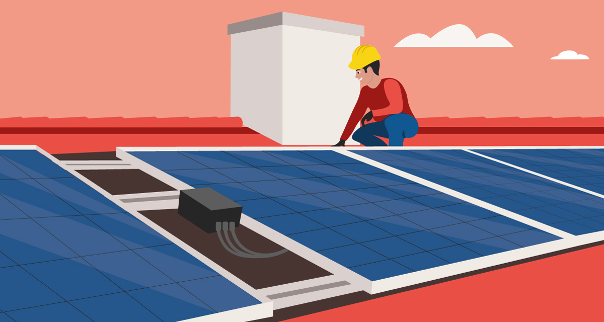 Illustrazione di un tecnico su un tetto mentre controlla gli ottimizzatori dei moduli fotovoltaici