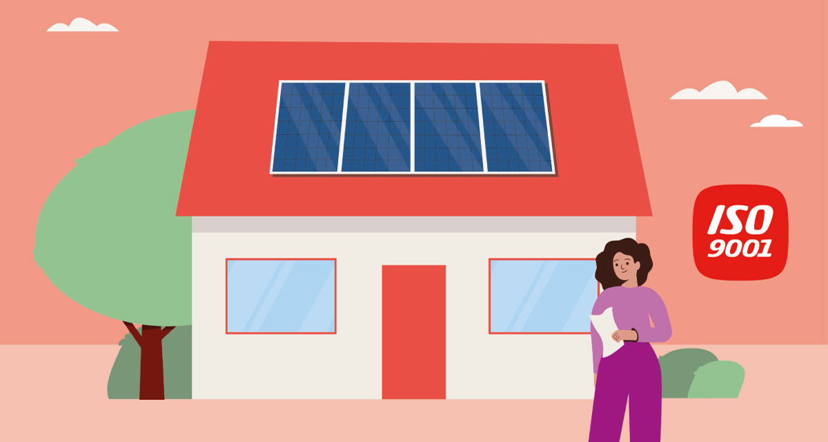 Illustrazione di una donna davanti a una casa con pannelli solari: E.ON è certificata ISO per il fotovoltaico e l'efficienza energetica