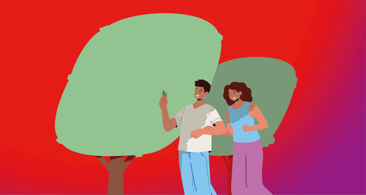 Illustrazione di una coppia che passeggia tra gli alberi, beni fondamentali del capitale naturale