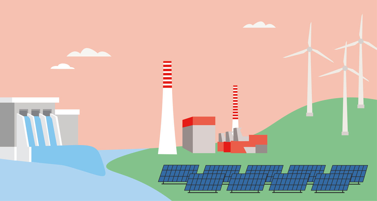 : Illustrazione di una centrale idroelettrica accanto a un parco eolico