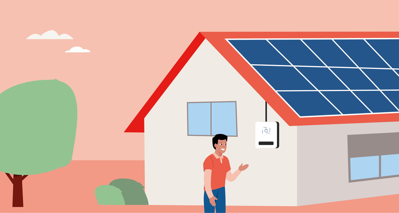 Illustrazione di un impianto fotovoltaico con accumulo in una casa residenziale