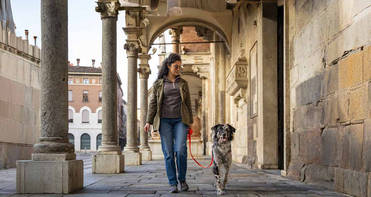 Una ragazza passeggia col cane sotto i portici nel centro di Parma