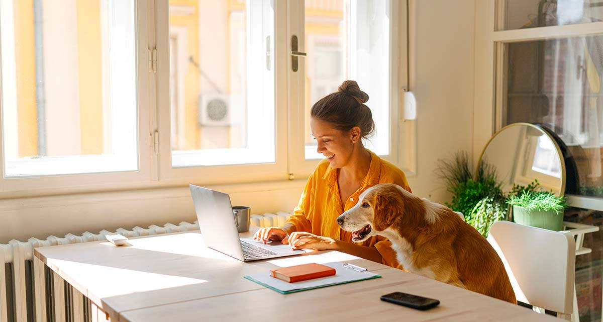 Una ragazza in smart working in cucina in compagnia del cane