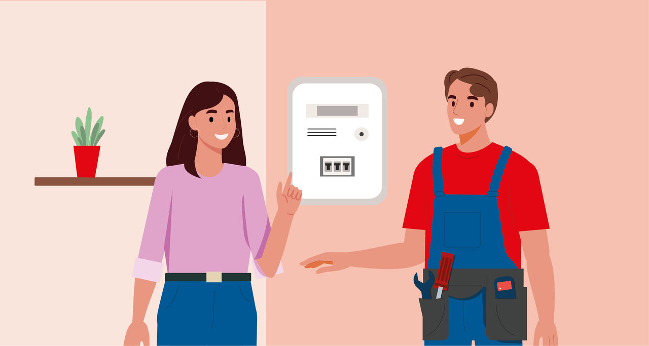 Illustrazione di un tecnico che interviene per riattivare un contatore staccato