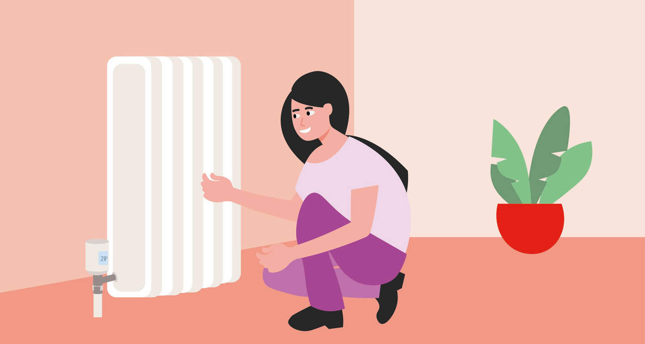 Illustrazione di una ragazza che controlla le valvole termostatiche dei termosifoni in soggiorno