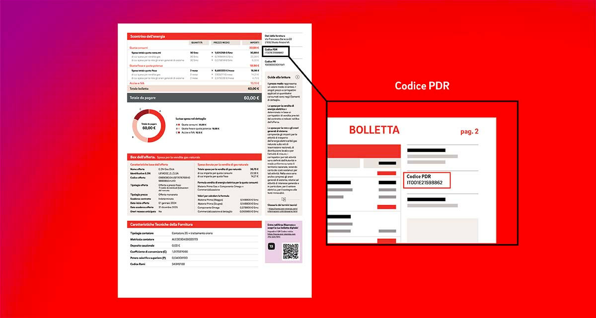Illustrazione di una bolletta del gas con il codice PDR, Punto di Riconsegna, evidenziato
