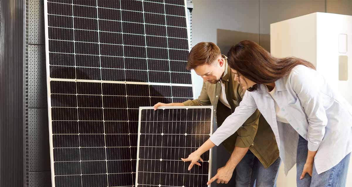 Una coppia sceglie tra diverse tipologie di pannelli fotovoltaici