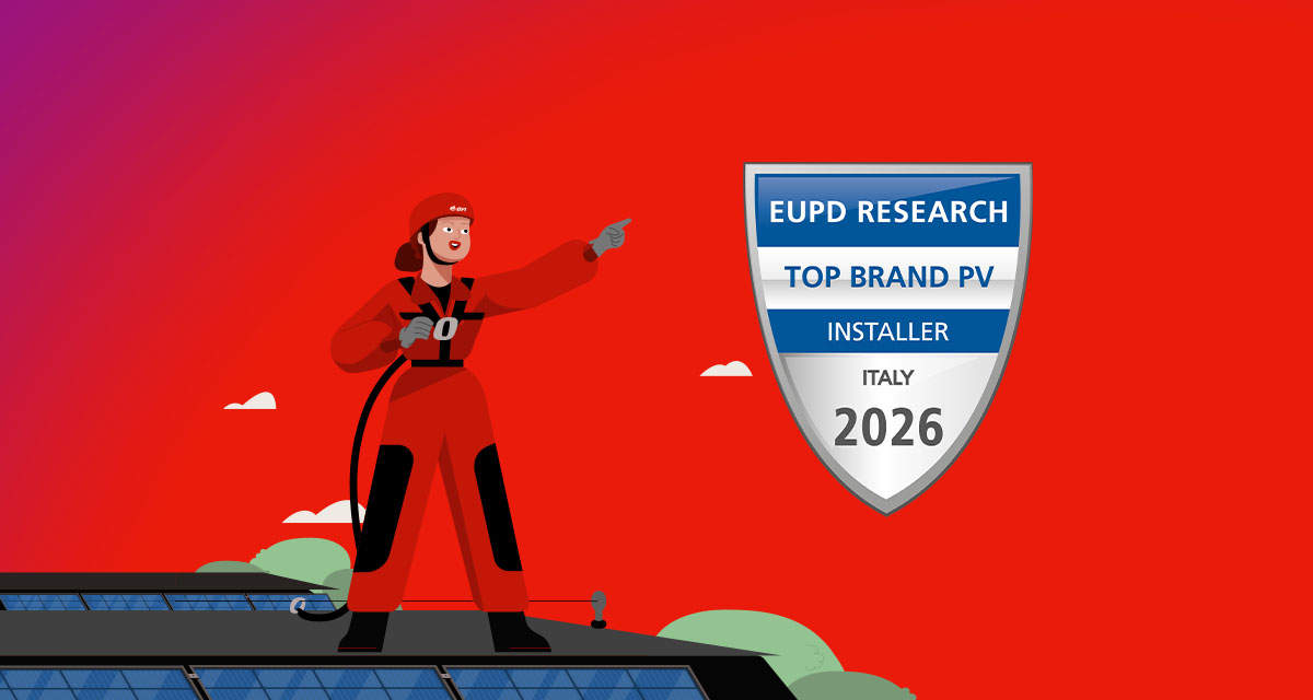 Illustrazione del riconoscimento di E.ON Top Brand PV Installer 2026 per il fotovoltaico