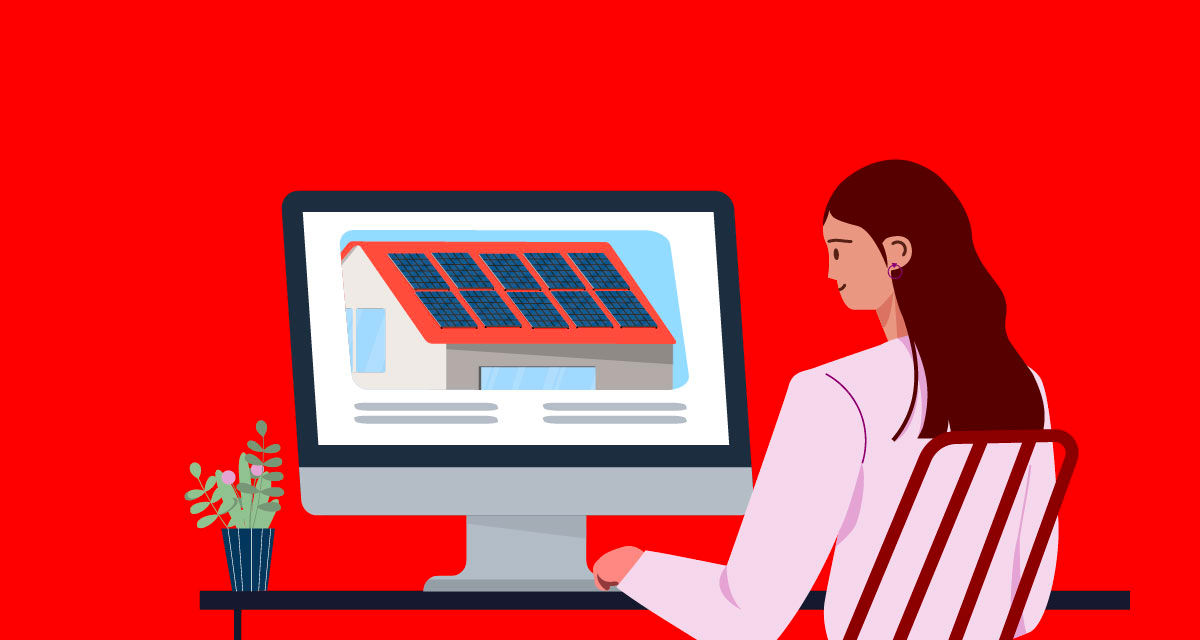 Illustrazione di una cliente che studia il fotovoltaico in cloud sul computer