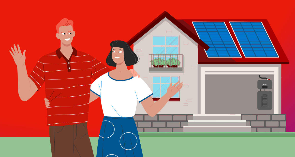 Illustrazione di una coppia davanti a una casa con fotovoltaico con accumulo e pompa di calore