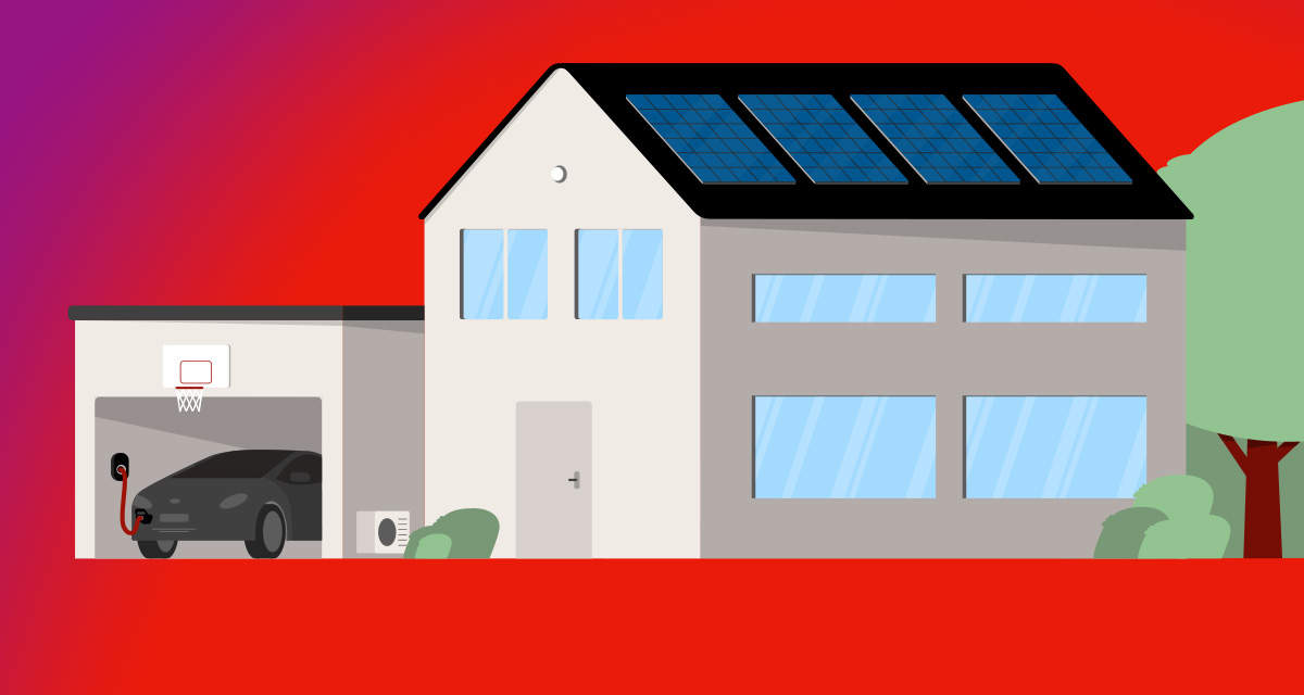 Illustrazione di un’abitazione con impianto fotovoltaico e garage con wallbox per l’auto elettrica: esempio di ecosistema per la flessibilità energetica