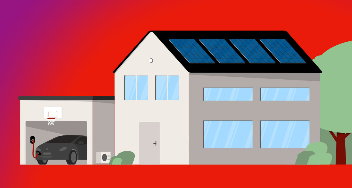 Illustrazione di un’abitazione con impianto fotovoltaico e garage con wallbox per l’auto elettrica: esempio di ecosistema per la flessibilità energetica